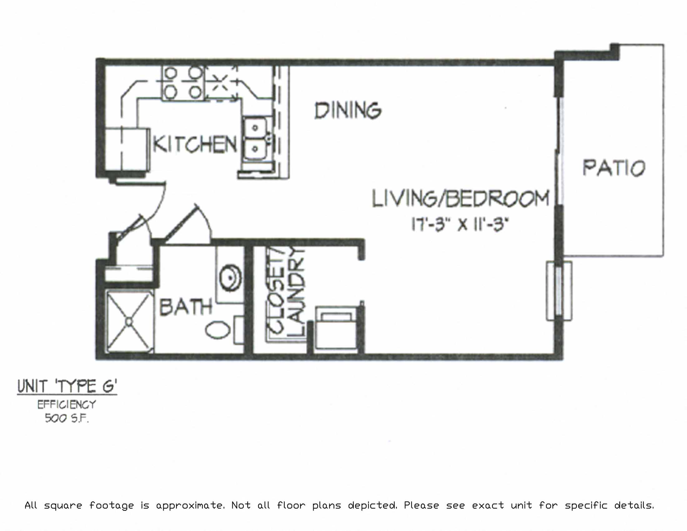 Floor plan for studio, 1 bath, 553 sqft